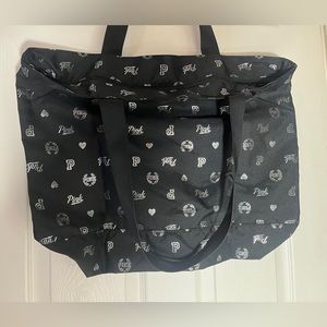 Victoria’s Secret PINK logo and heart tote in black and shimmery silver NEW